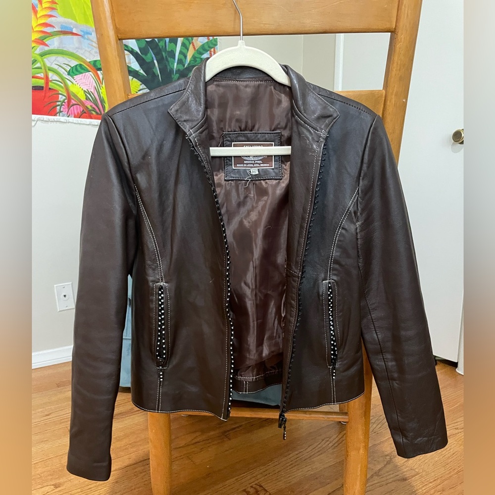 Vintage brown leather jacket with rhinestone details!